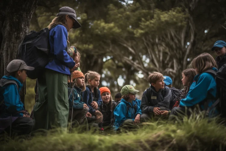 Group of kids at a school camp going on a hike in the NZ bush